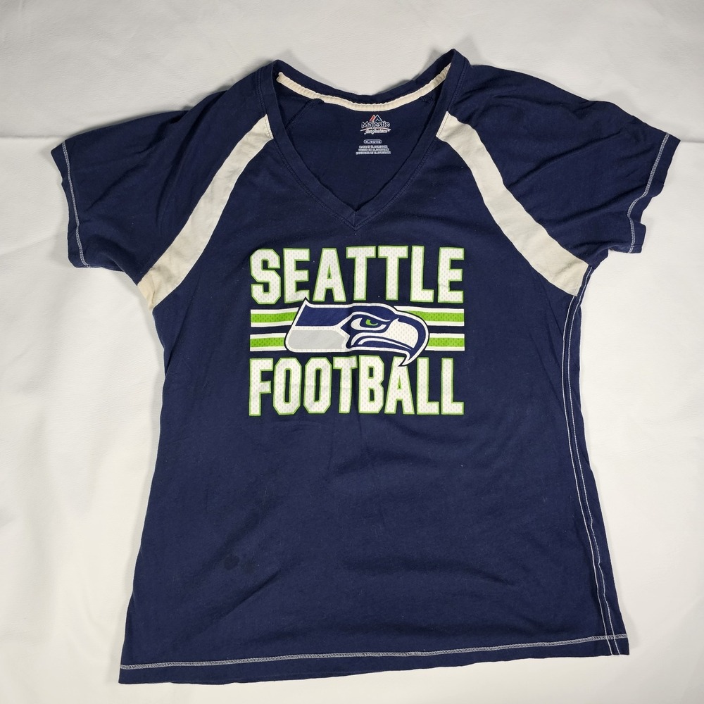 Seattle Seahawks Majestic Fan Fashion V Neck T Shirt Womens XL Blue NFL